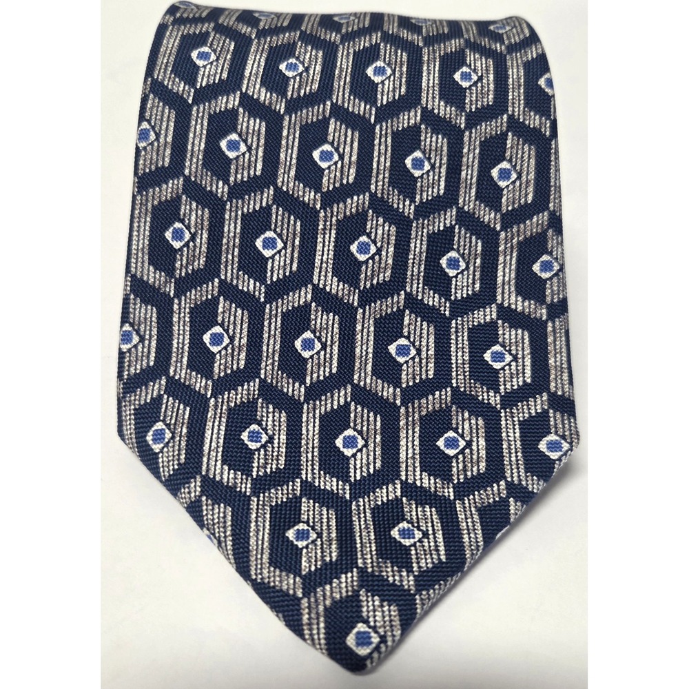 Countess Mara Necktie Blue/Gray/Ivory Geometric 100% Silk Tile Elongated Hex - Picture 2 of 12